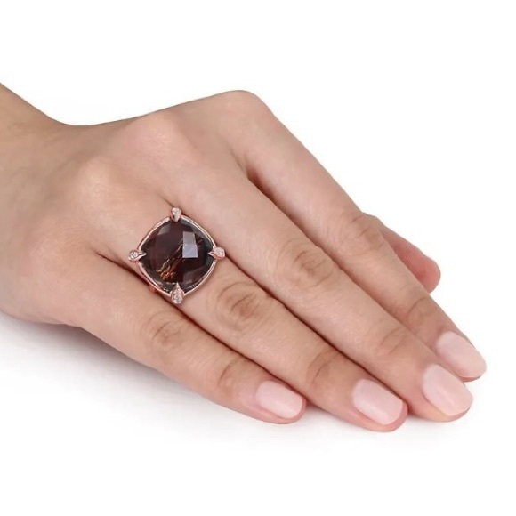 14k solid rose gold, Smokey Quartz and White Sapphire Cocktail Ring - Size 7 - Picture 5 of 8